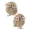 Two 5.5 inch woven natural fiber owl Christmas ornaments with textured brown bristle feathers