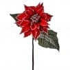 Red velvet poinsettia artificial stem with iced glitter accents and green leaves