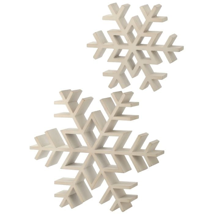 Set of two white wood snowflake decorations in different sizes, three-dimensional carved design