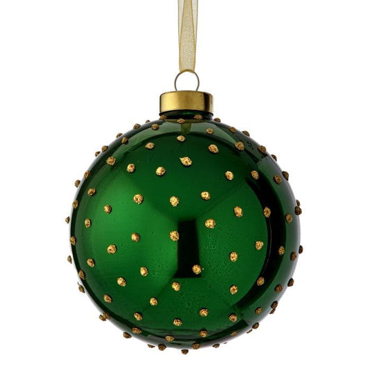 Shiny green glass ball ornament with raised gold glitter dots, hung by gold ribbon