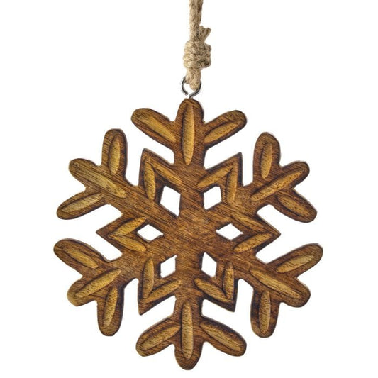 Carved wooden snowflake ornament with intricate cutout design, hanging from twine cord