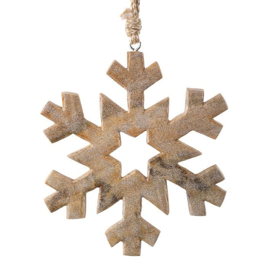 Wooden snowflake ornament with glitter finish hanging from a twine cord, front view