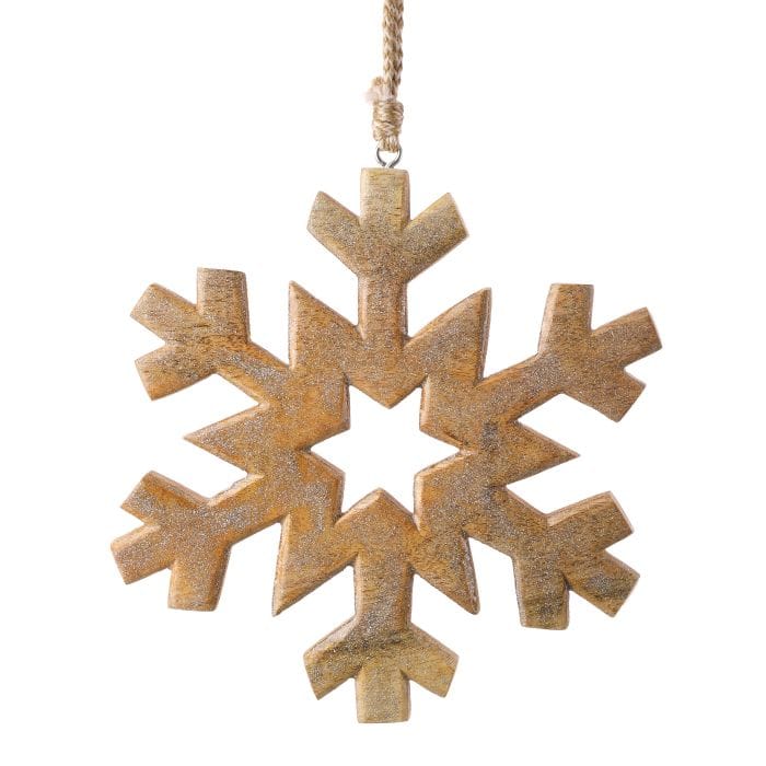 Carved wooden snowflake ornament with gold glitter finish, hanging from twine rope