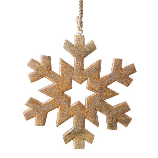 Carved wooden snowflake ornament with gold glitter finish, hanging from twine rope