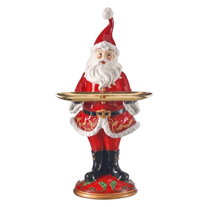 Resin Santa Claus figurine holding a gold serving tray, standing on decorative base
