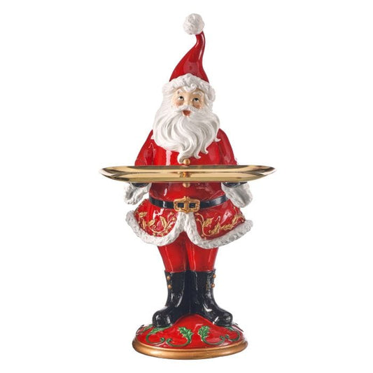 Resin Santa Claus figurine holding a gold serving tray, standing on decorative base