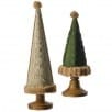 Two resin cable knit Christmas trees on wood bases in green and tan tones