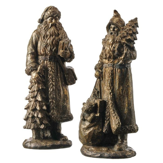 Two bronze-finished resin Old World Santa figurines holding a book and Christmas tree, front view