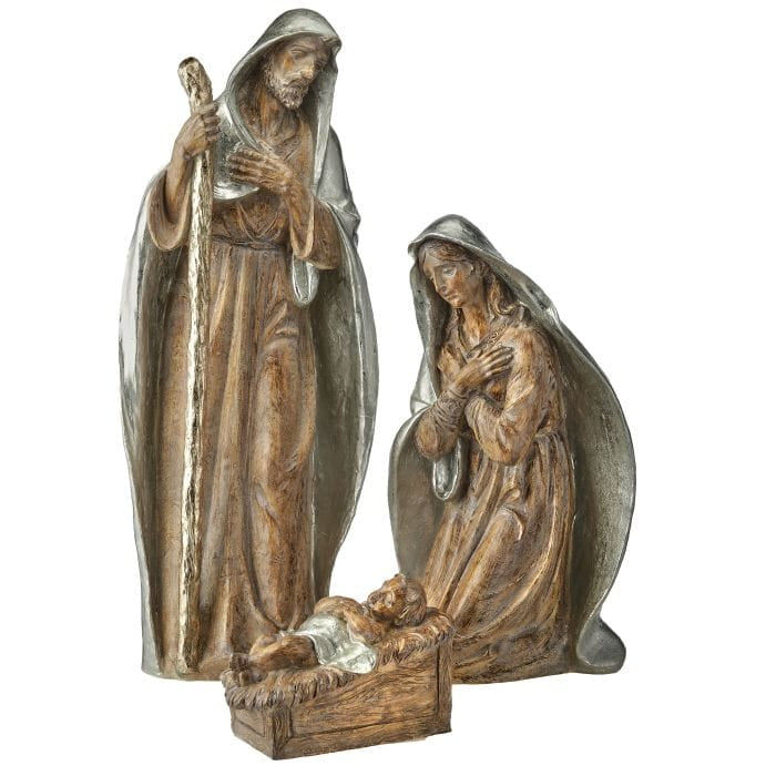 Three-piece resin nativity set with Joseph, Mary, and baby Jesus in manger, bronze and silver finish