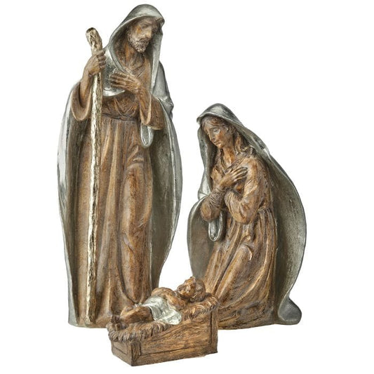 Three-piece resin nativity set with Joseph, Mary, and baby Jesus in manger, bronze and silver finish