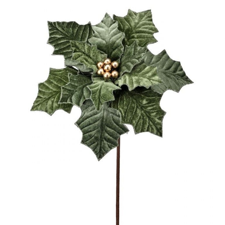 22-inch artificial green velvet poinsettia stem with gold berry center accent