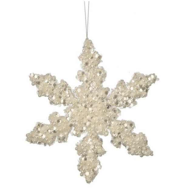 Six-pointed snowflake ornament covered in sequins and pearl beads, hanging display