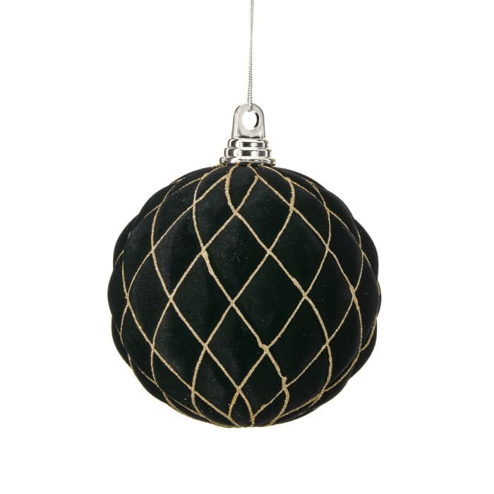 Black velvet flocked ball ornament with gold glitter diamond lattice pattern and silver cap