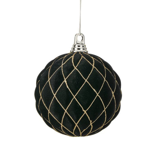 Black velvet flocked ball ornament with gold glitter diamond lattice pattern and silver cap