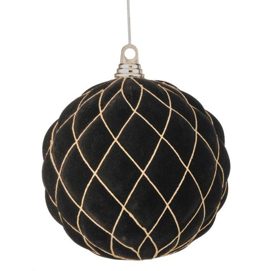 Large velvet flocked ball ornament with gold glitter diamond lattice pattern, hanging on silver cap