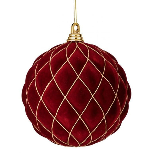 Large flocked ball ornament with gold glitter diamond lattice pattern and gold cap, hanging view