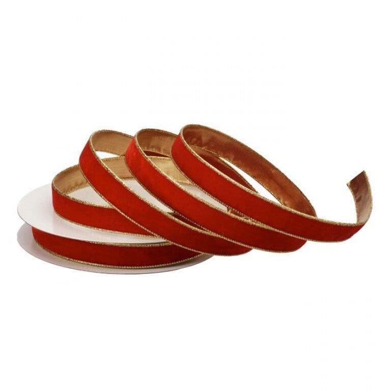 RED 1"X20Y WIRED VELVET RIBBON W/METALLIC EDGE