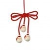 Red bow with three hanging glass Santa Claus face ornaments on string