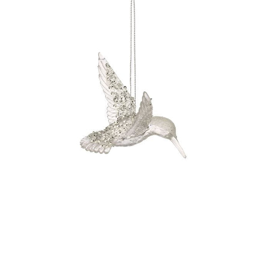 Clear acrylic hummingbird ornament with silver beaded details, wings spread, hanging from chain