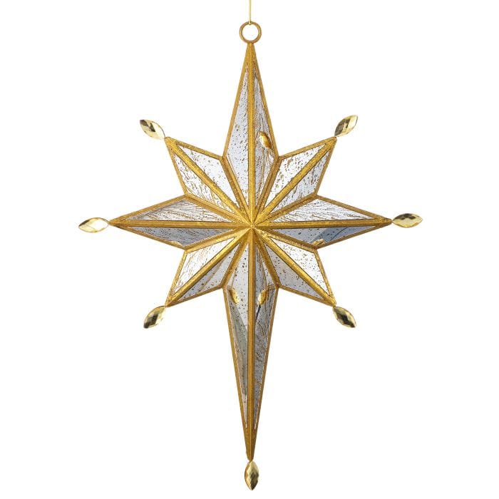 Eight-pointed star ornament with mercury glass panels, gold metal frame, and jewel accents