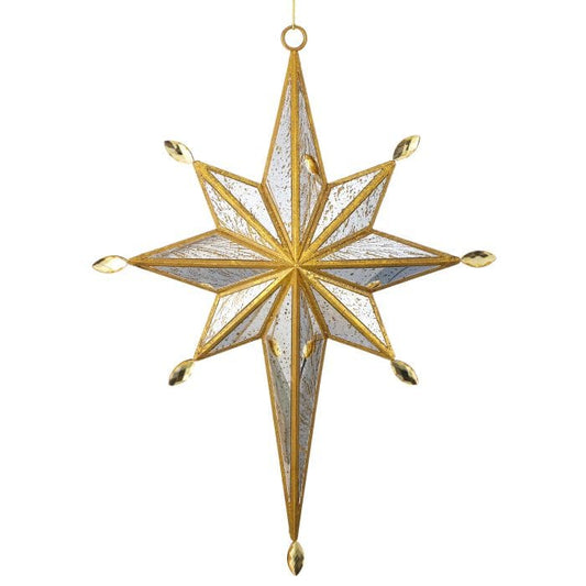 Eight-pointed star ornament with mercury glass panels, gold metal frame, and jewel accents