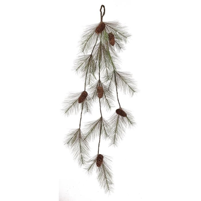 Hanging pine drop garland with long needles and five brown pine cones, vertical display