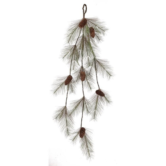 Hanging pine drop garland with long needles and five brown pine cones, vertical display