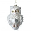 Frosted white glass owl ornament with metallic cap hanger, 5 inches tall