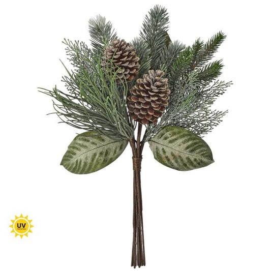 Mixed artificial pine spray bundle with pine cones, varied evergreen foliage, and broad green leaves