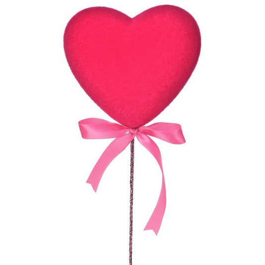 Flocked velvet heart on a glitter stem with satin bow ribbon, front view