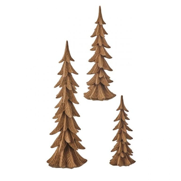 Set of 3 brown resin pine tree figurines in small, medium, and large sizes