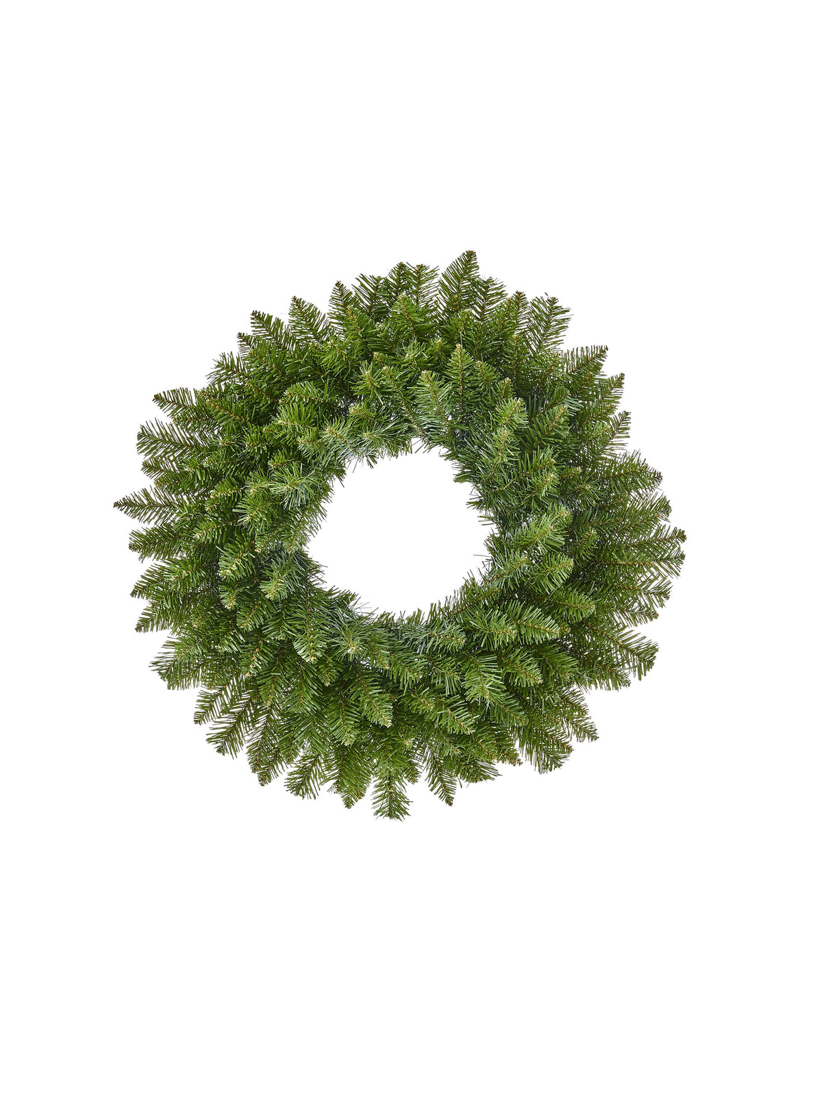 Circular evergreen pine wreath with full, lush branches, front view on white background