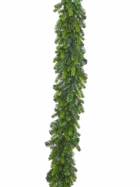 Vertical evergreen spruce garland with full, lush pine needle branches on white background