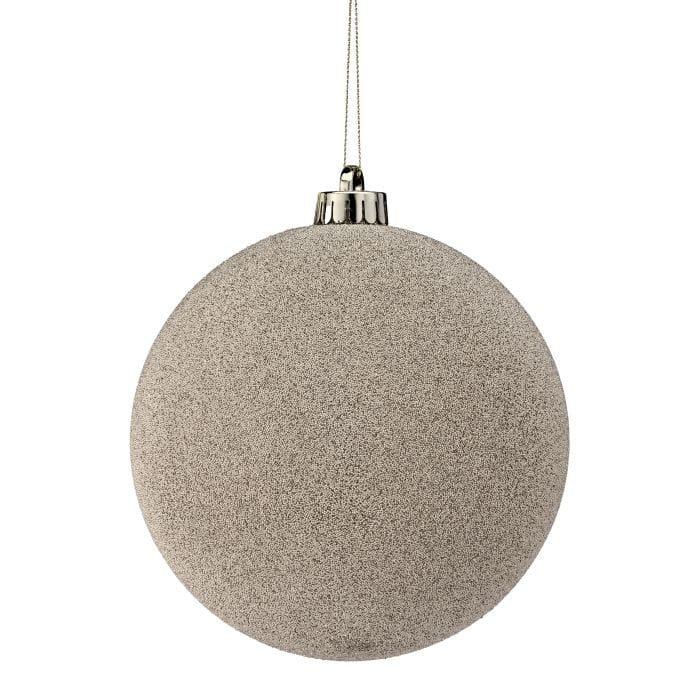 Large round Christmas ball ornament with textured microbead finish and metallic silver cap, hanging view