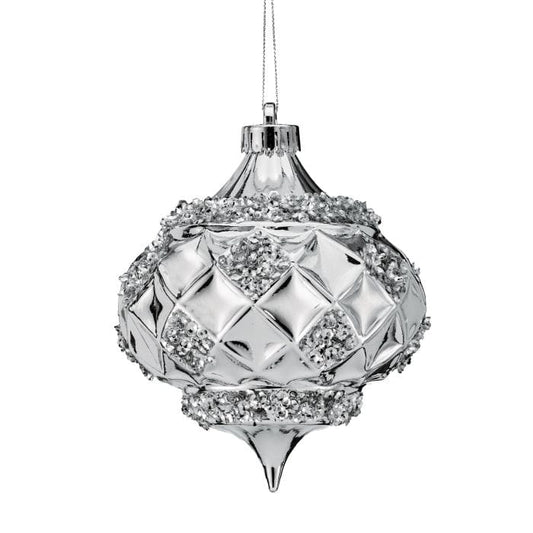 Silver finial Christmas ornament with diamond quilted pattern and sequin beaded trim, hanging view