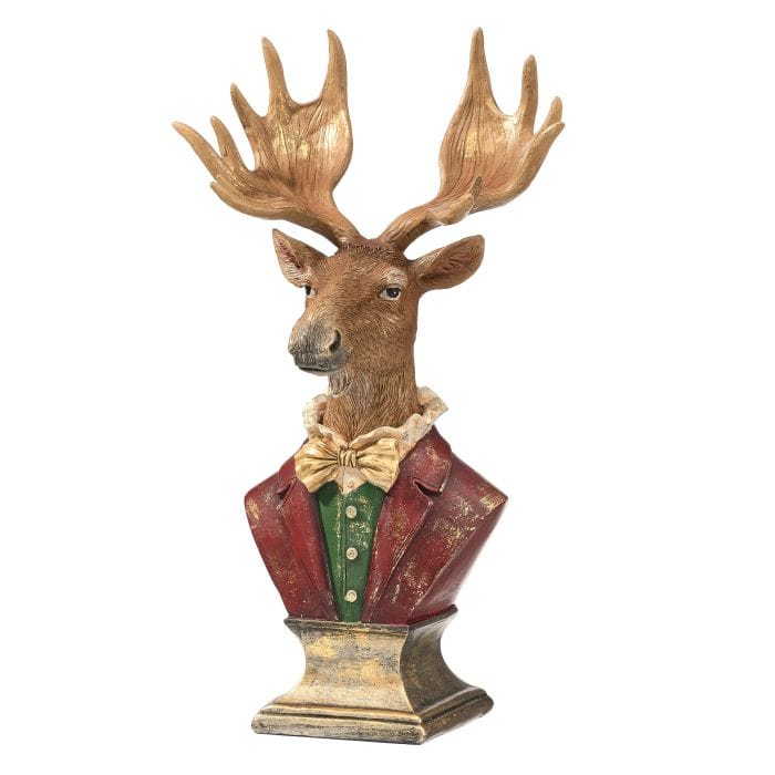 Resin moose bust wearing a red jacket and gold bow tie, mounted on an antique gold pedestal