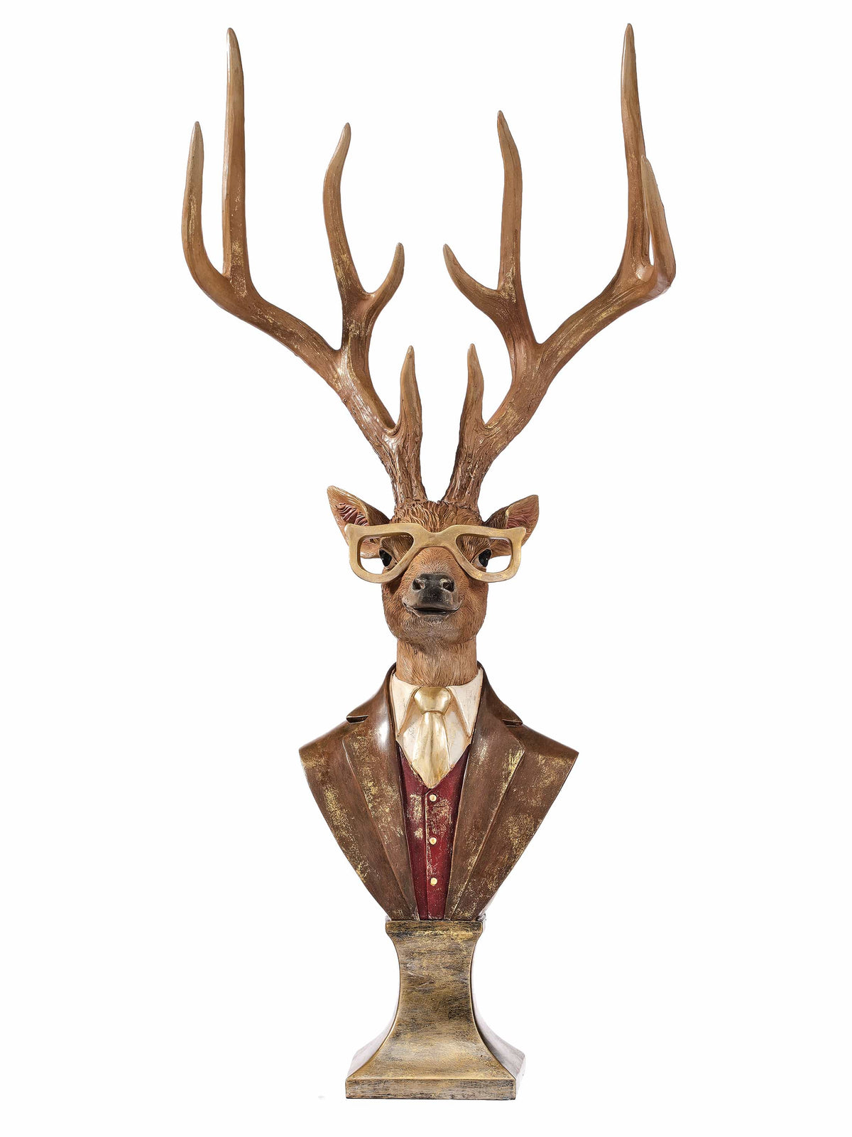 Resin deer bust with large antlers, glasses, suit jacket, and pedestal base, front view