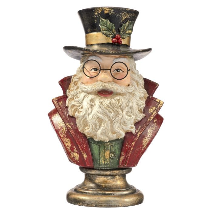 Vintage-style Santa Claus bust on pedestal with top hat, round glasses, and white beard