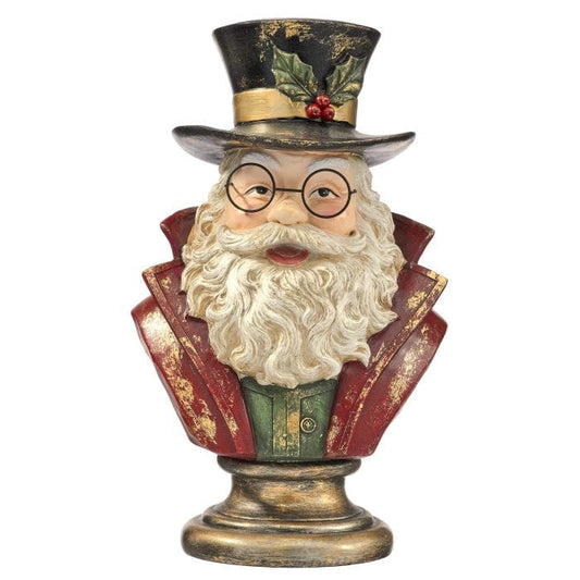Vintage-style Santa Claus bust on pedestal with top hat, round glasses, and white beard