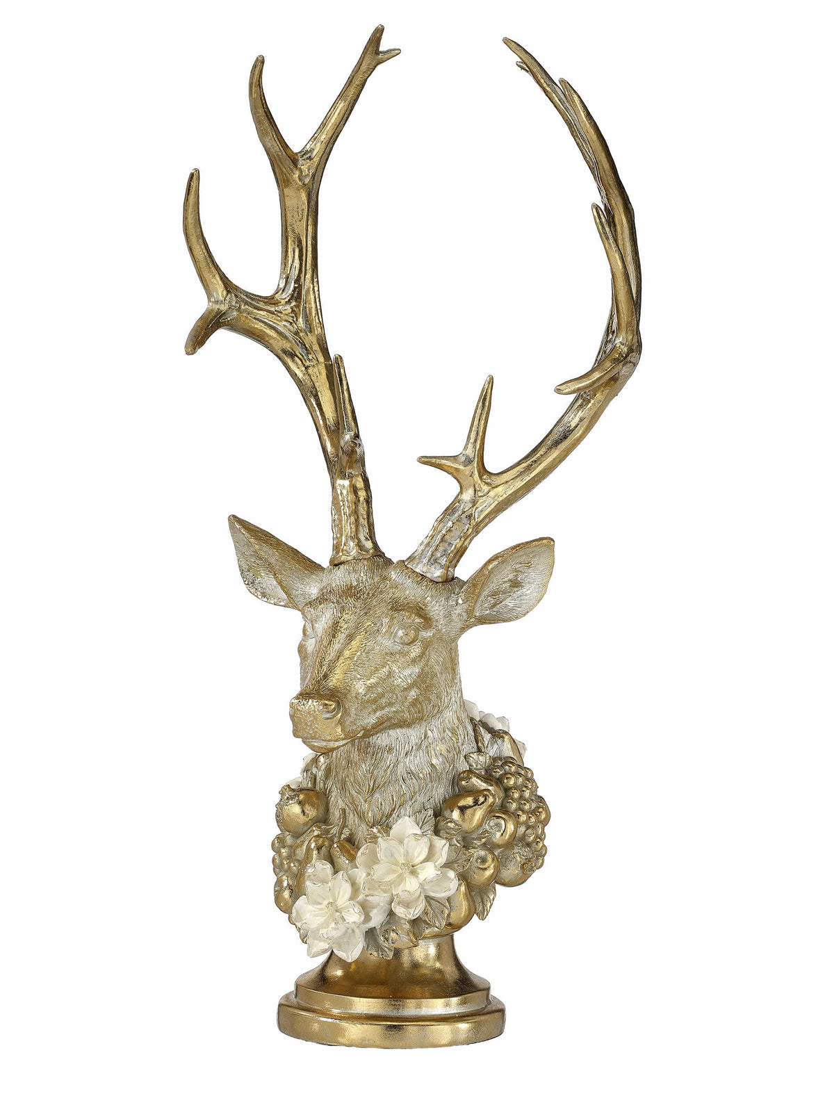 Gold resin deer bust with large antlers and white magnolia flower garland on round base