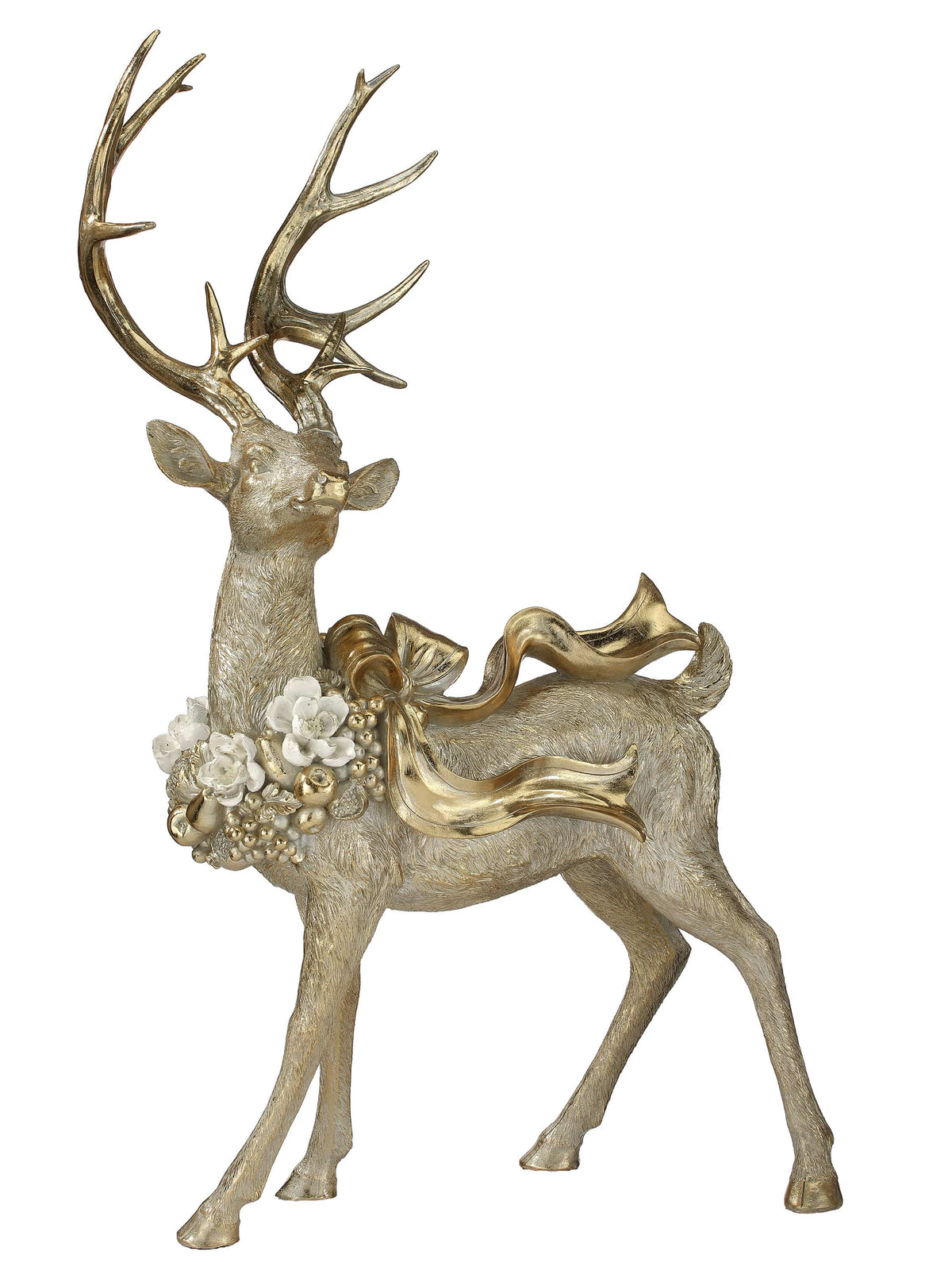 Gold resin standing deer figurine with large antlers, magnolia flowers, and decorative bow