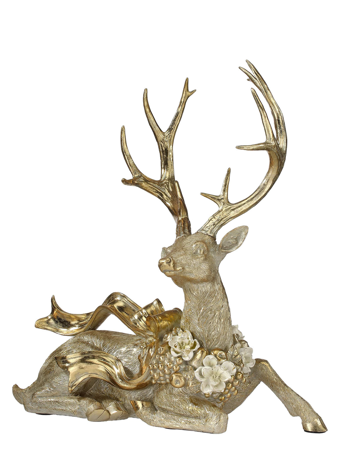 Gold and silver resin sitting deer figurine with large antlers, bow, and white magnolia flowers