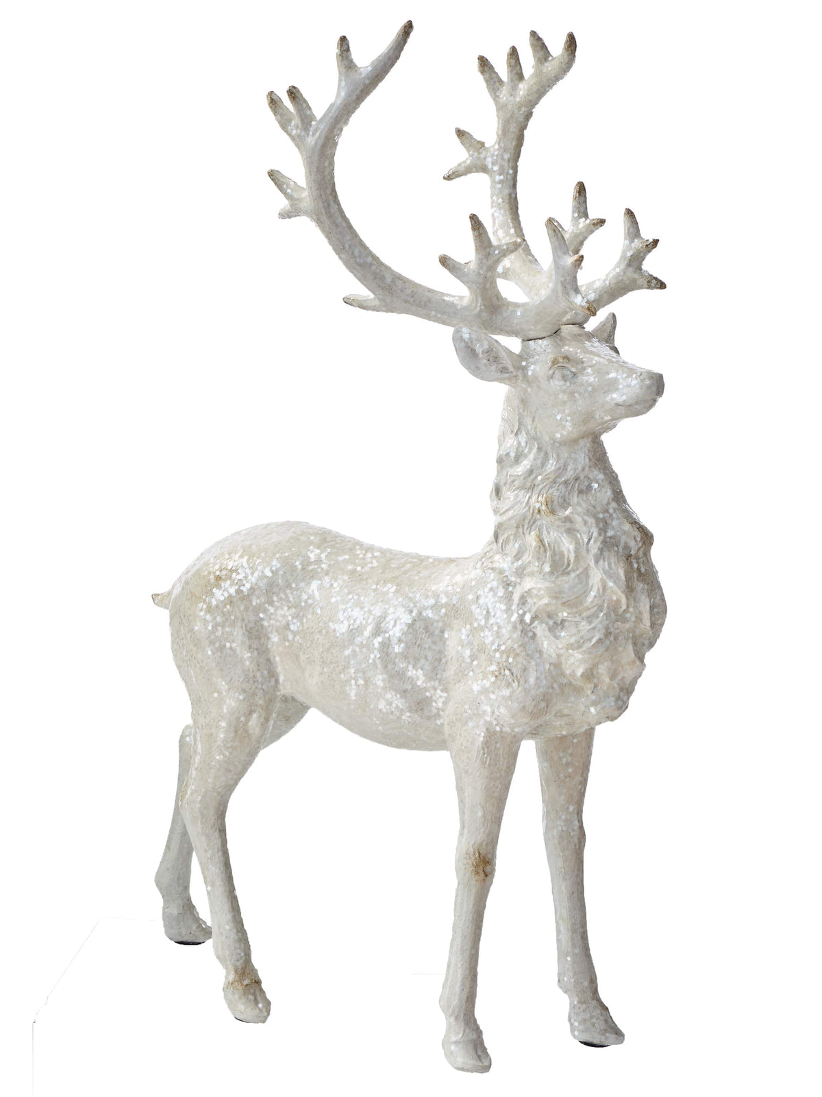 Large standing resin stag figurine with tall antlers, glittery snow-dusted white finish, side view