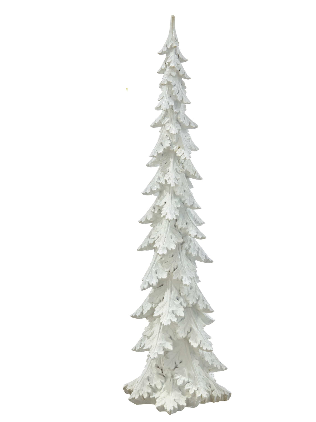 Tall white resin Christmas tree figurine with detailed acanthus leaf texture, front view
