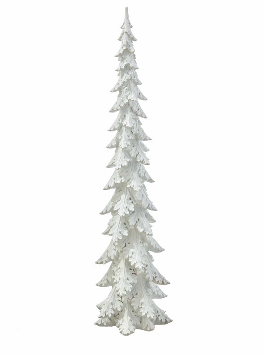 Tall white resin decorative Christmas tree with intricate leaf-textured tiered branches, front view