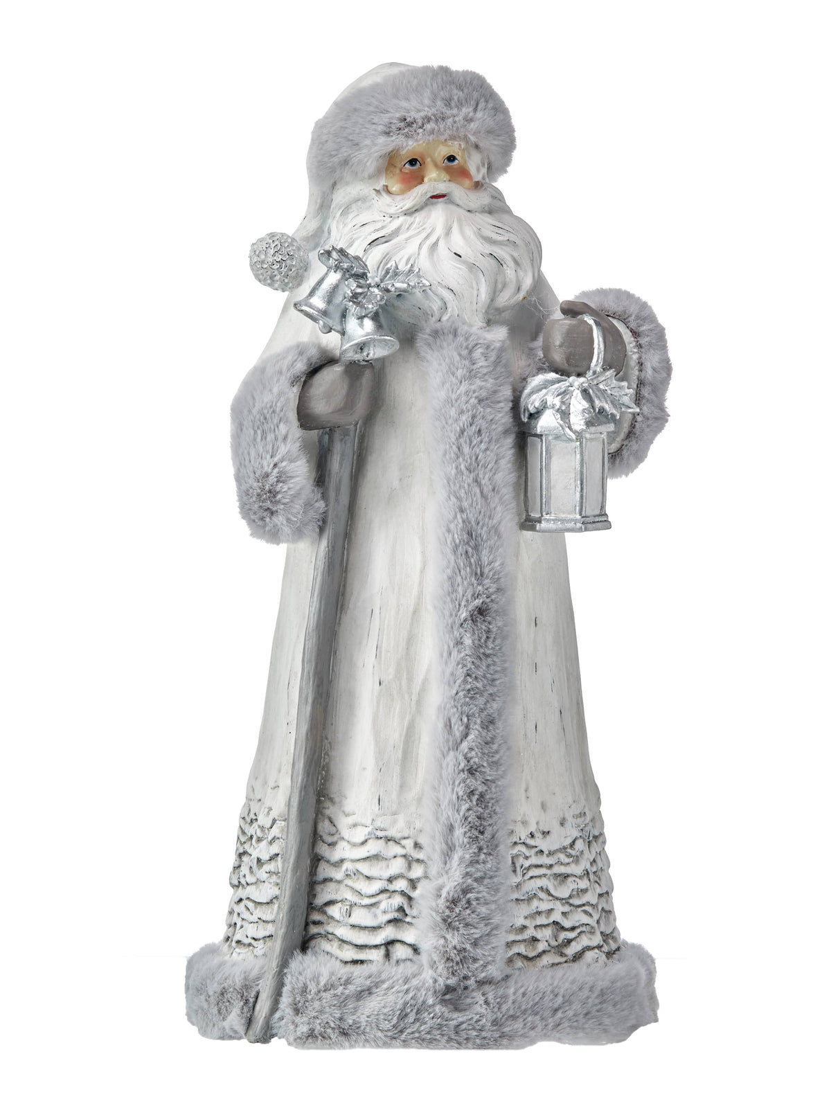Resin Santa Claus figurine in white robe with gray fur trim, holding lantern and bells