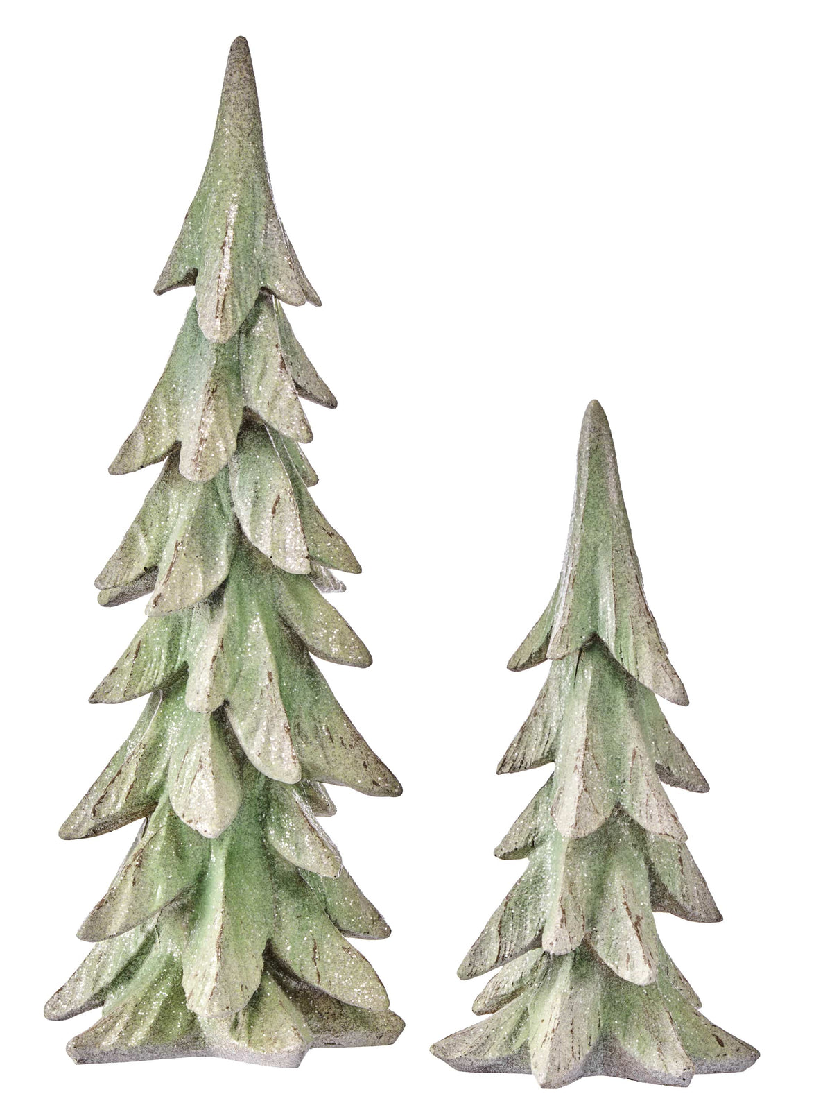 Set of two resin Christmas tree figurines with layered branches, glitter snow finish, different heights