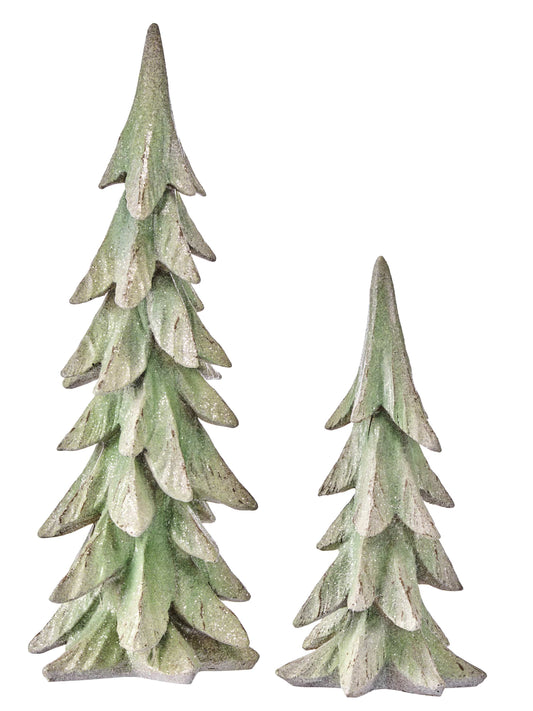 Set of two resin Christmas tree figurines with layered branches, glitter snow finish, different heights