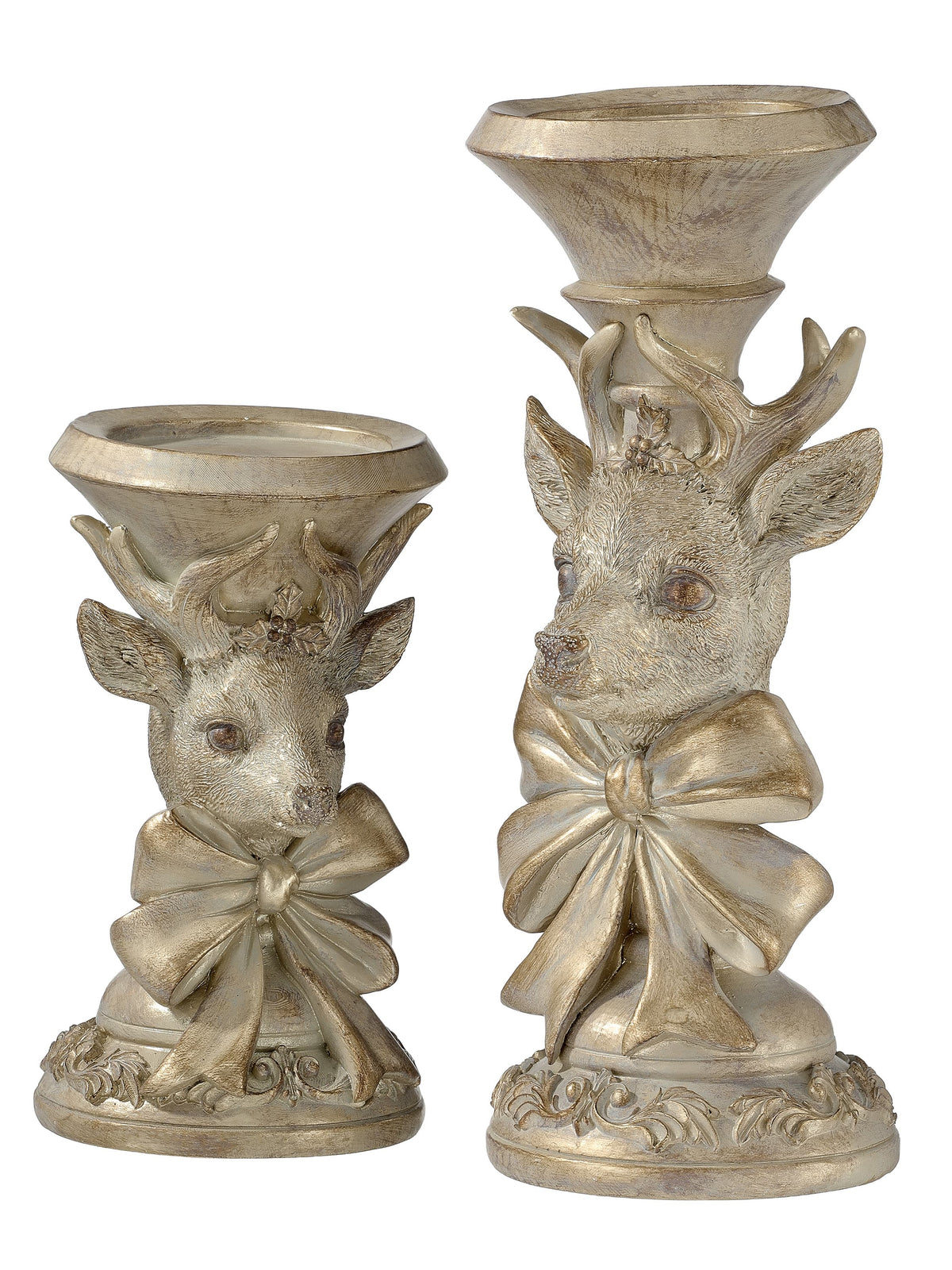 Set of two resin deer head candleholders with bow detail and ornate base, champagne gold finish