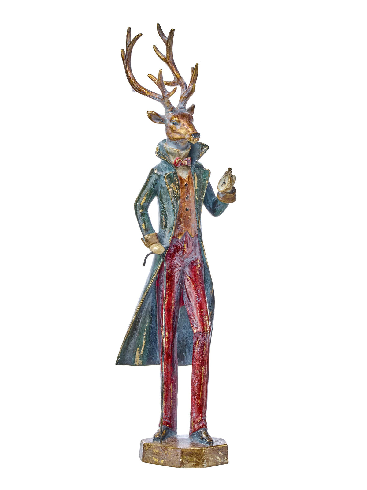 Tall resin deer figurine dressed in teal coat and red trousers holding a pocket watch, front-angle view